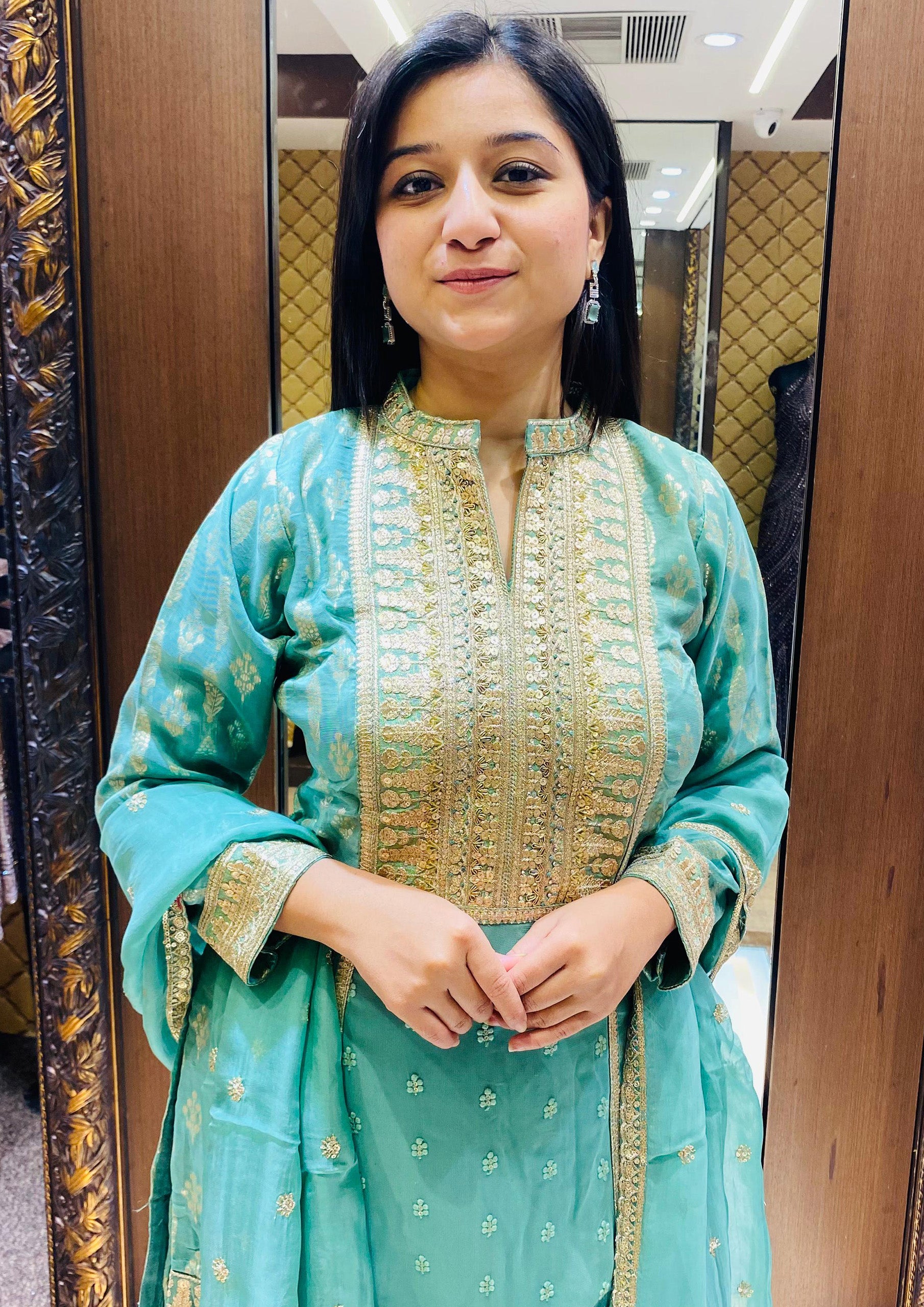 Sea Green Color Banarasi Silk Gharara Suit
